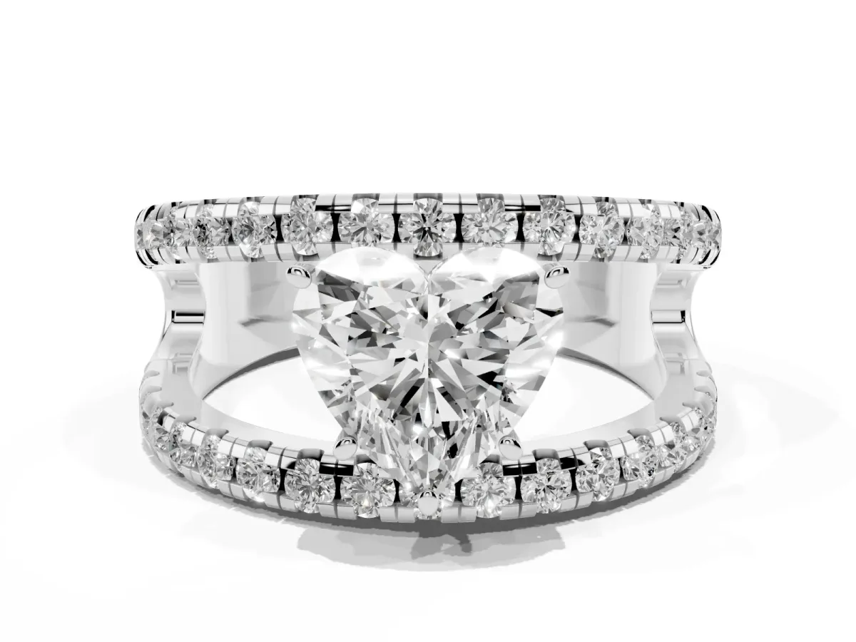 Heart Cut Solitaire Split Shank Pave Diamond Ring Silver