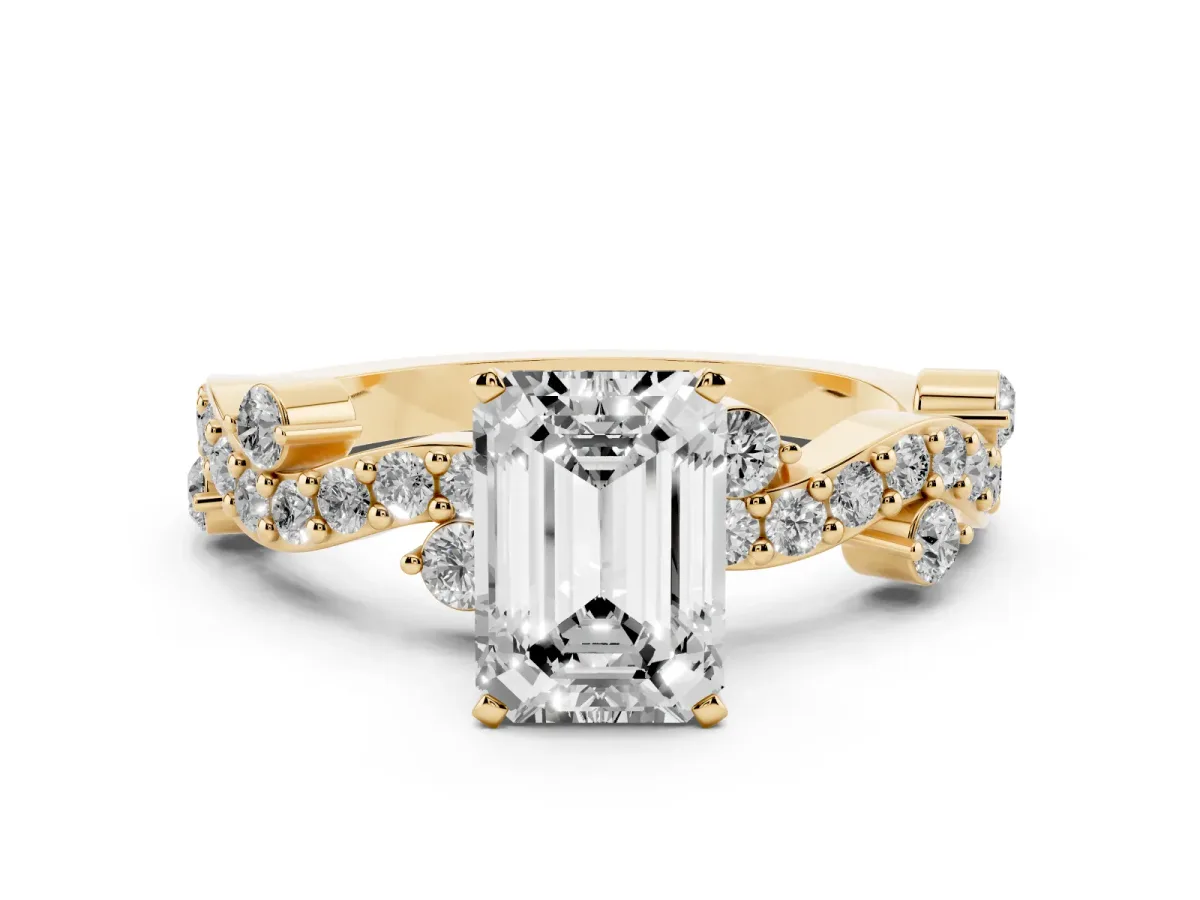 Emerald Cut Cut Solitaire Diamond Twisted Band with Pave Setting Yellow gold