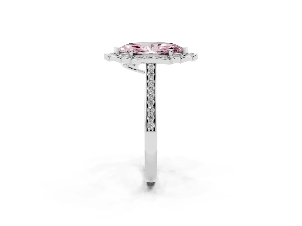 Fancy Pink Marquise Cut Halo Round Diamond Pave Band with Four-Prong Setting White gold