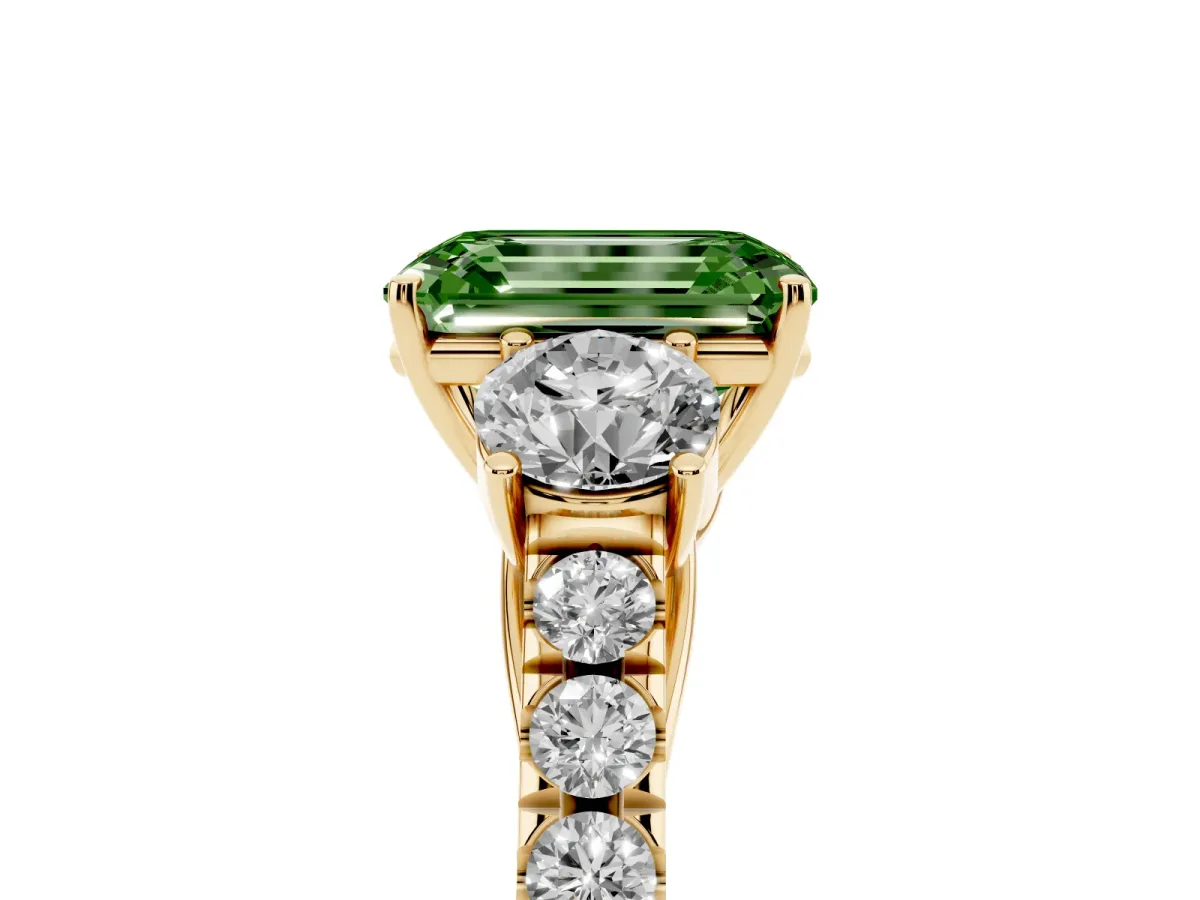 Fancy Green Emerald Cut Cut Diamond Three-Stone Ring with Round Side Stones and Pavé Band Yellow gold