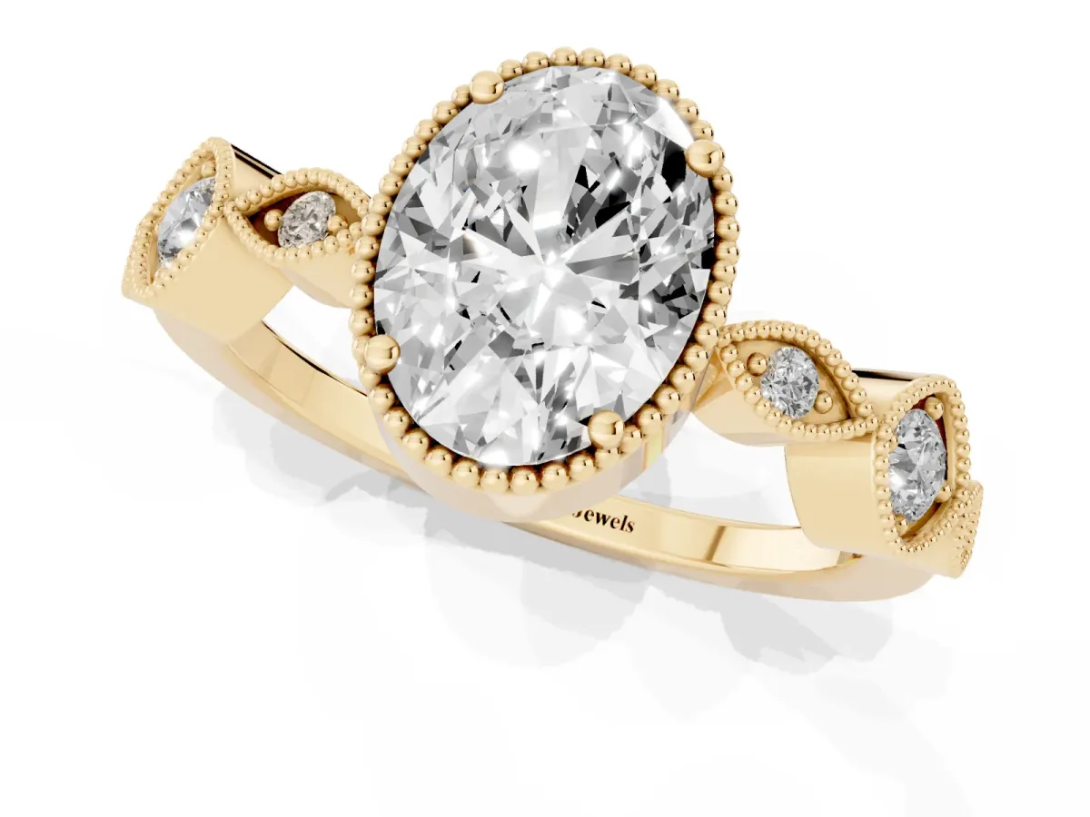Oval Cut Diamond Vintage Milgrain Ring with Round Stations Yellow gold