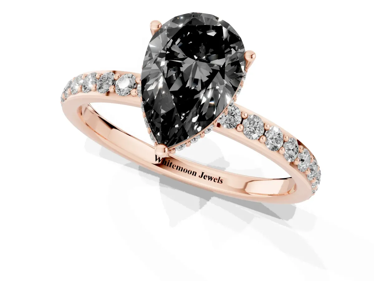Fancy Black Pear Cut Diamond Solitaire Ring with Pavé Band and Hidden Halo Rose gold