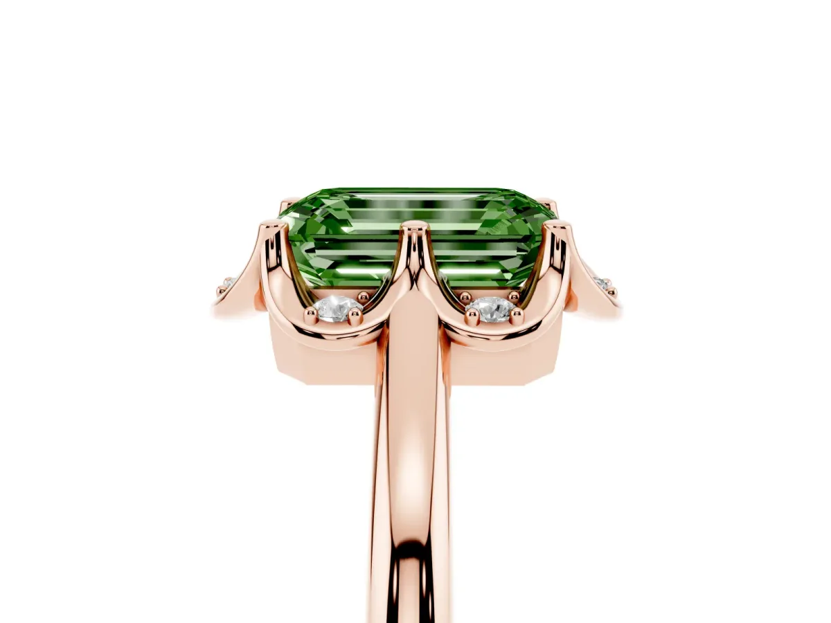 Fancy Green Emerald Cut Halo Diamond Ring with Round Cluster Setting, Solitaire Band, and Four-Prong Setting Rose gold
