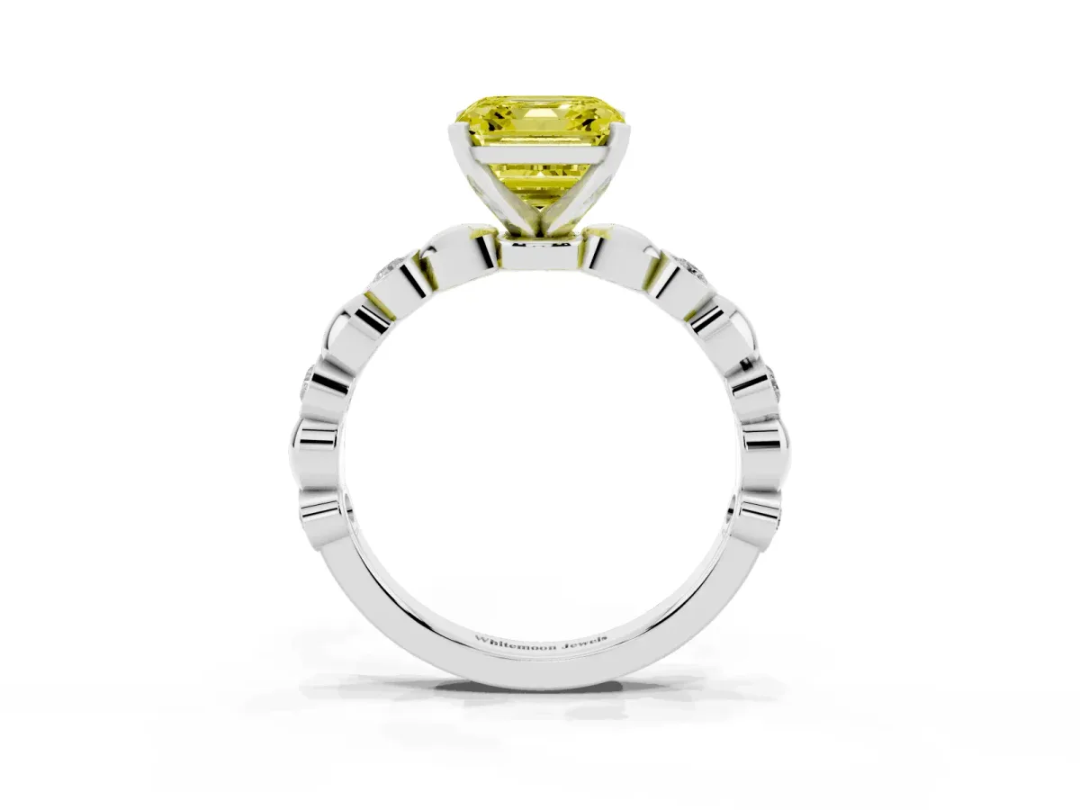 Fancy Yellow Asscher Cut Solitaire Bezel-Set Diamond Ring with Beaded Band and Four-Prong Setting Silver