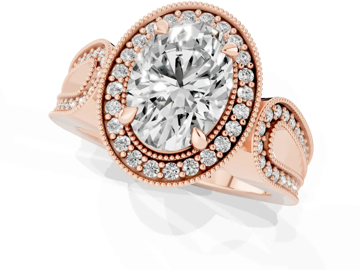 Oval Cut Halo Split Shank Milgrain Diamond Ring Rose gold