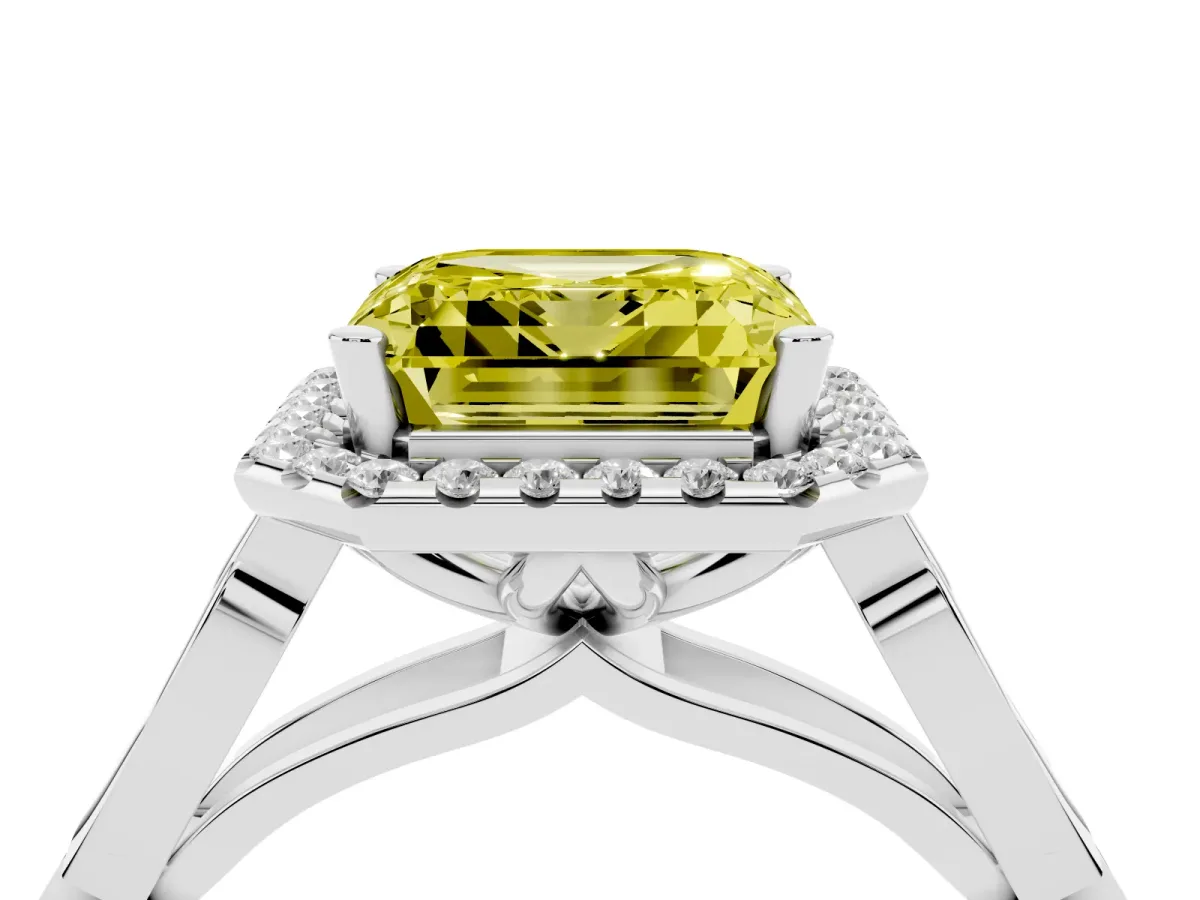 Fancy Yellow Asscher Cut Halo Diamond Engagement Ring with Filigree Band and Four-Prong Setting White gold
