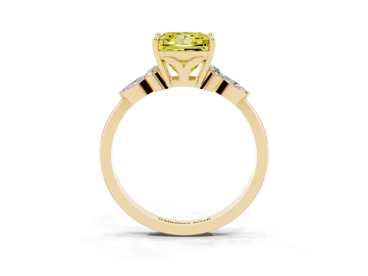 Fancy Yellow Princess Cut Brilliant Diamond Solitaire Ring with Pear Side Stones and Four-Prong Setting Yellow gold