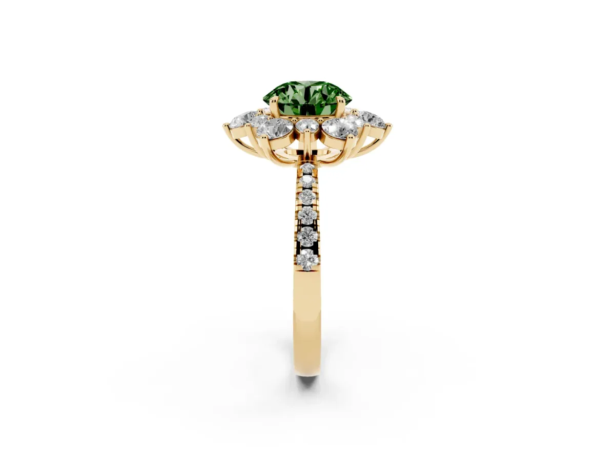 Fancy Green Round Cut Diamond Floral Halo Ring with Round Pavé Band and Prong Setting Yellow gold