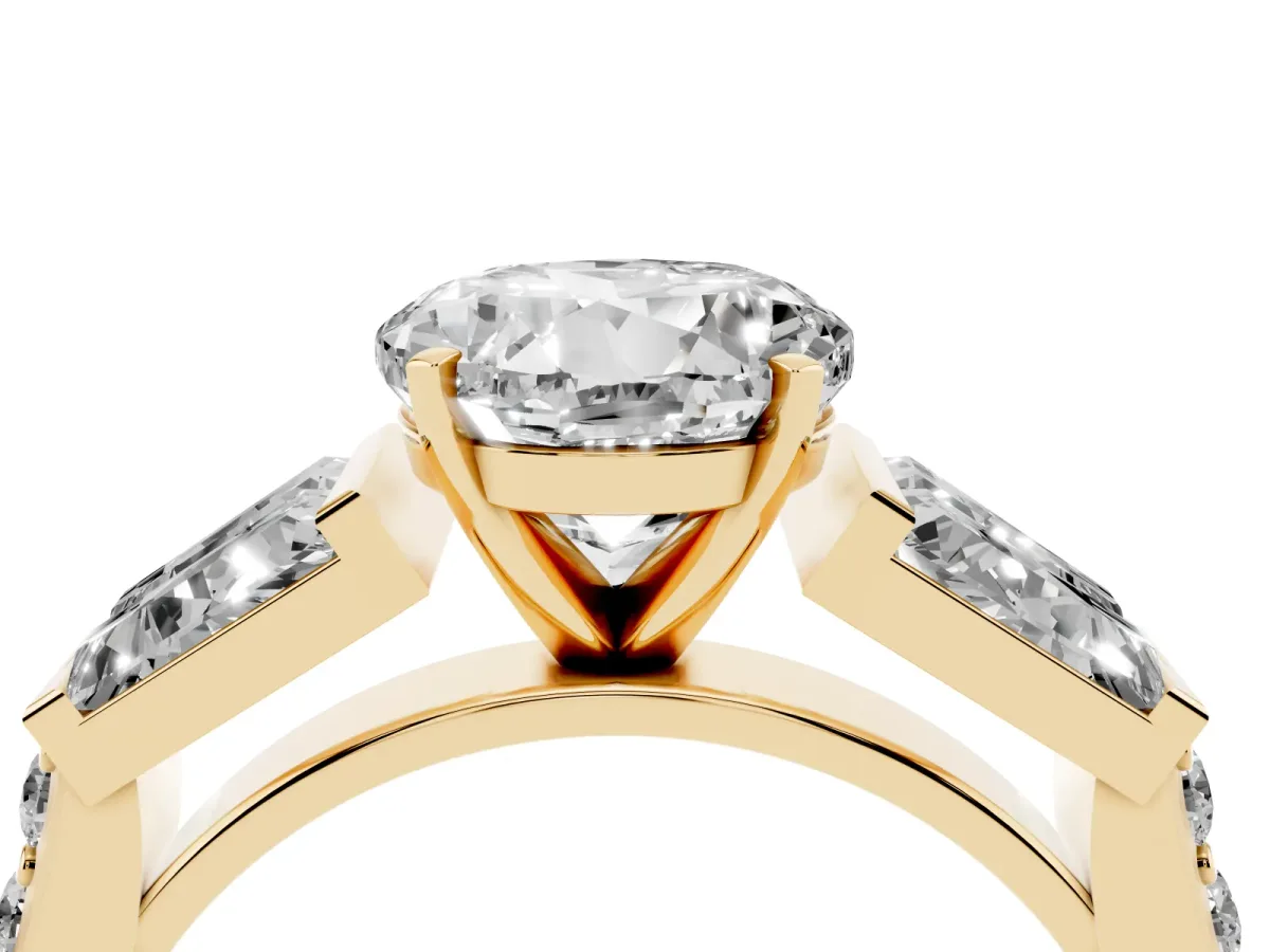 Round Cut Diamond Engagement Ring with Baguette Side Stones and Channel Set Band Yellow gold