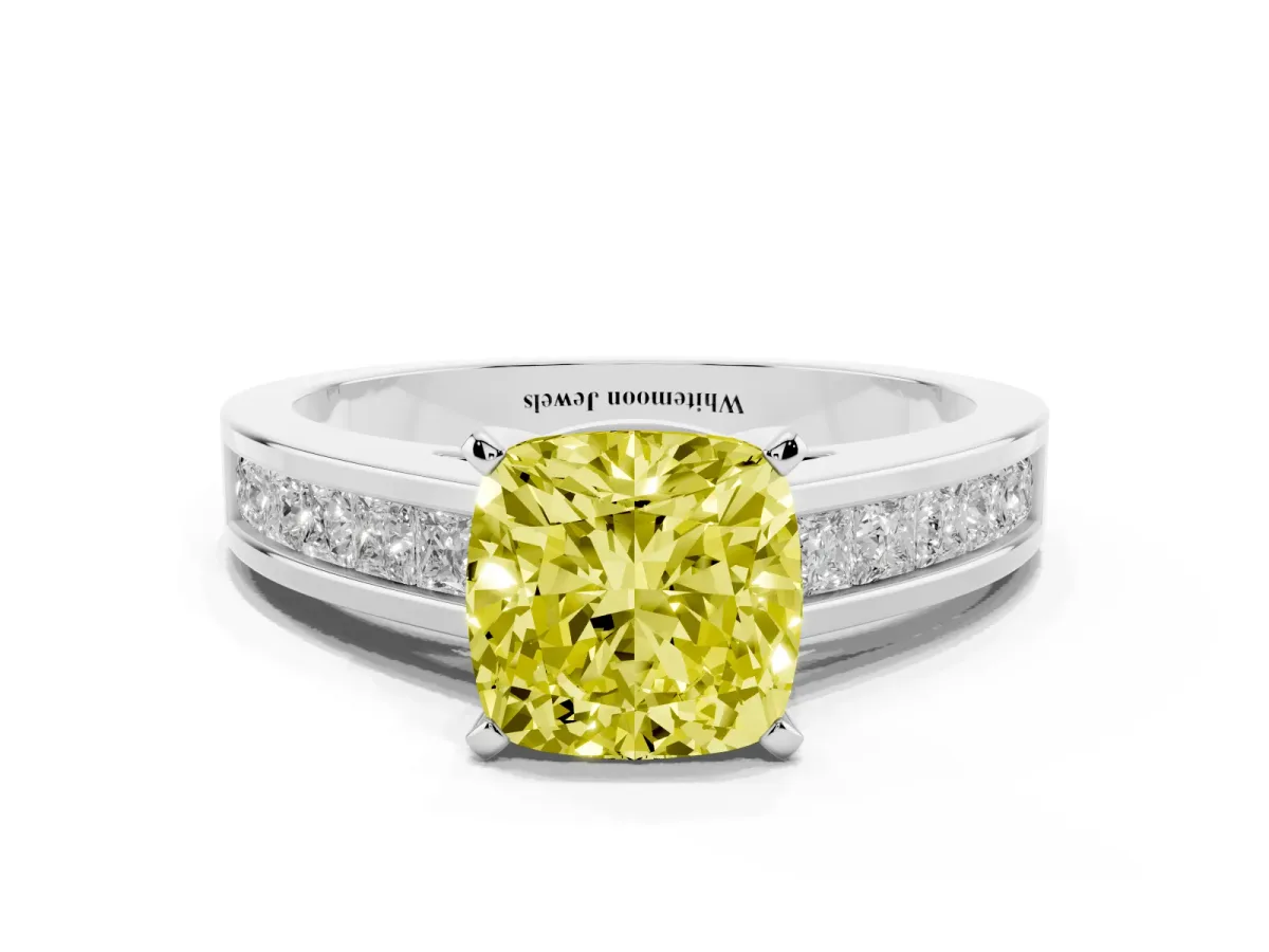 Fancy Yellow Cushion Cut Solitaire Diamond Ring with Channel-Set Band and Four-Prong Setting White gold