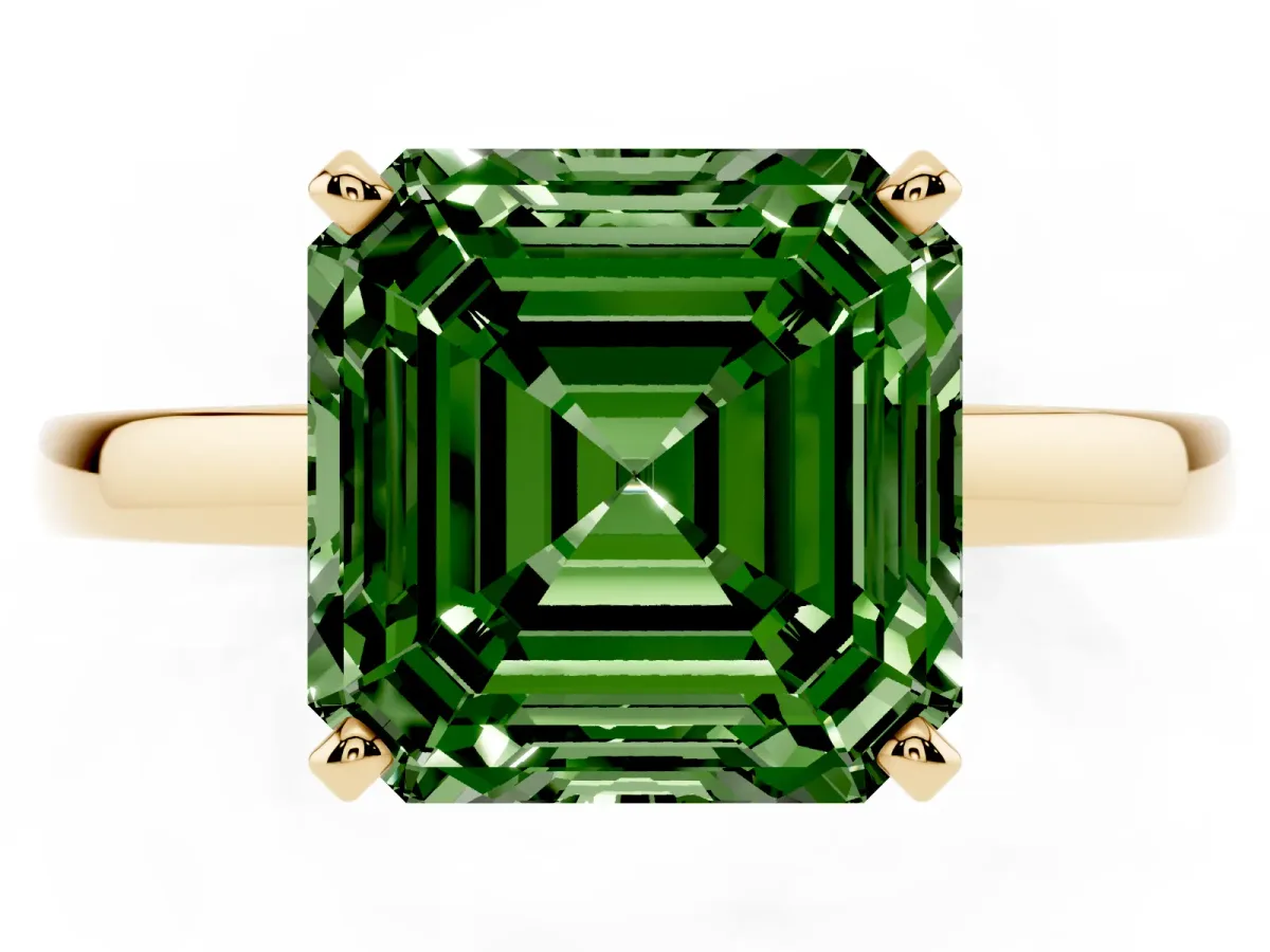 Fancy Green Asscher Cut Solitaire Diamond Engagement Ring with Four-Prong Setting on a Classic Band Yellow gold