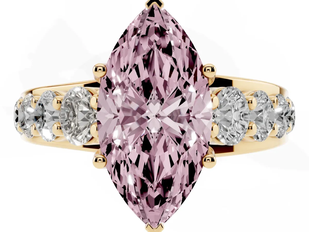 Fancy Pink Marquise Cut Diamond Engagement Ring with Pavé Band and Four-Prong Setting Yellow gold