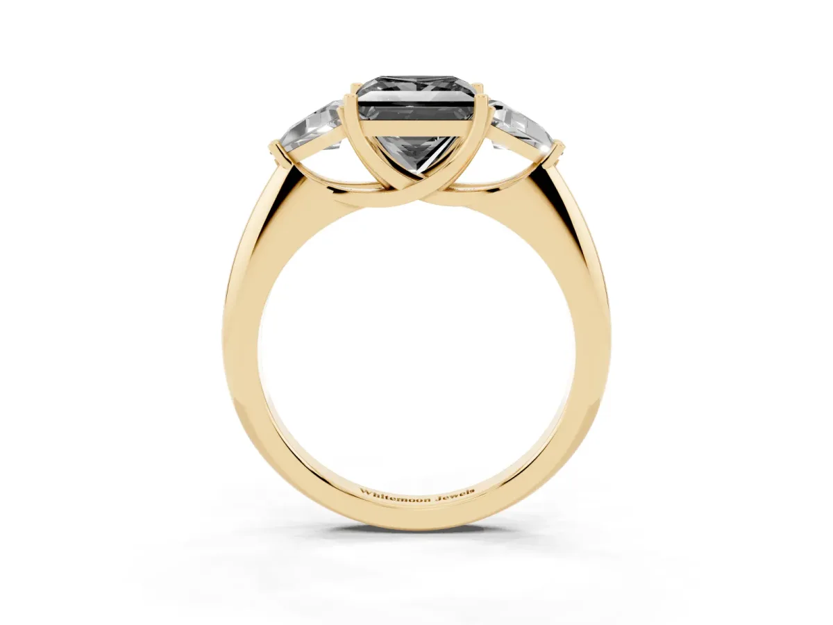 Fancy Black Three-Stone Princess Cut Diamond Engagement Ring with Trillion Side Stones and Prong Setting Yellow gold