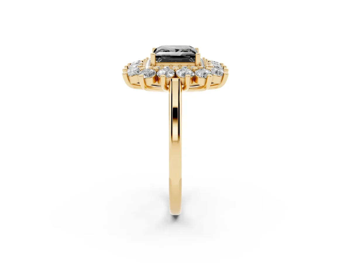 Fancy Black Princess Cut Diamond Floral Double Halo Engagement Ring with Prong Setting Yellow gold