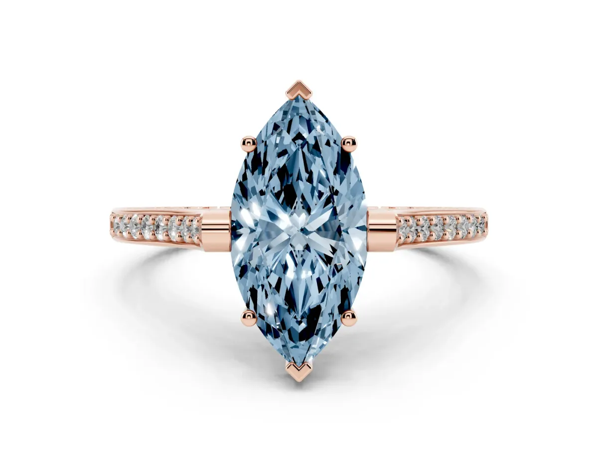 Fancy Blue Marquise Cut Solitaire Diamond Ring with Channel Set Band and Bezel Prong Setting Rose gold