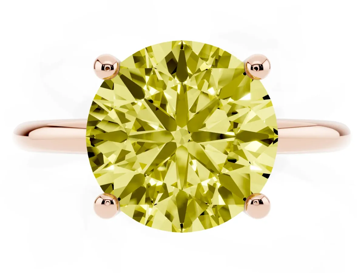 Fancy Yellow Round Cut Solitaire Diamond Ring with 4-Prong Setting on a Classic Band Rose gold