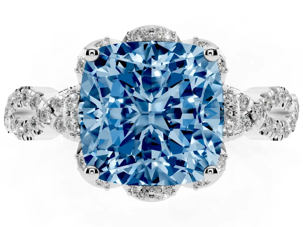 Fancy Blue Cushion Cut Halo Twist Band Solitaire Ring with Six-Prong Setting Silver