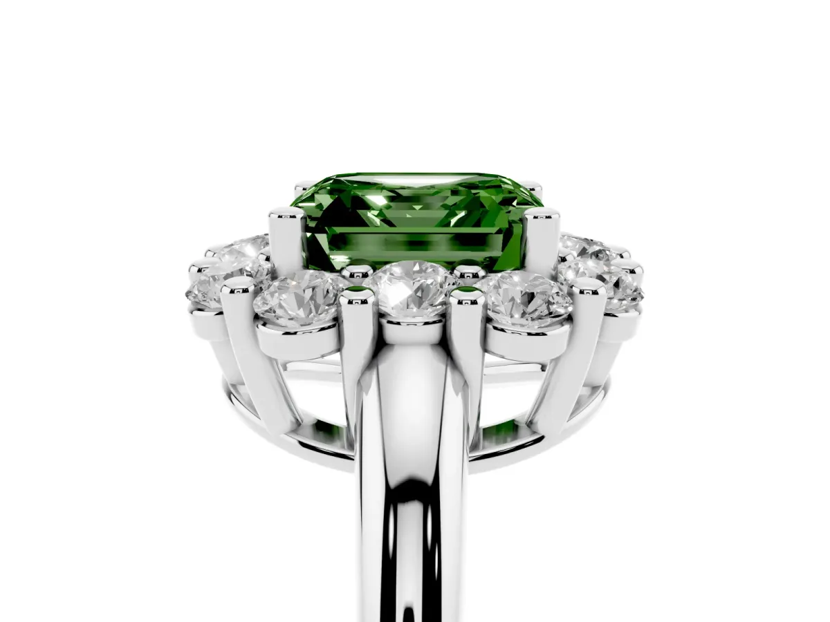 Fancy Green Asscher Cut Halo Cluster Diamond Engagement Ring with Prong Setting and Polished Band Platinum