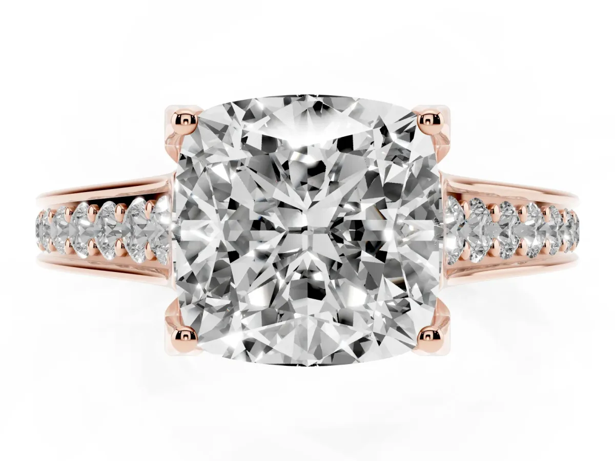 Cushion Cut Brilliant Cut Diamond Engagement Ring with Pavé Band and Four-Prong Setting Rose gold