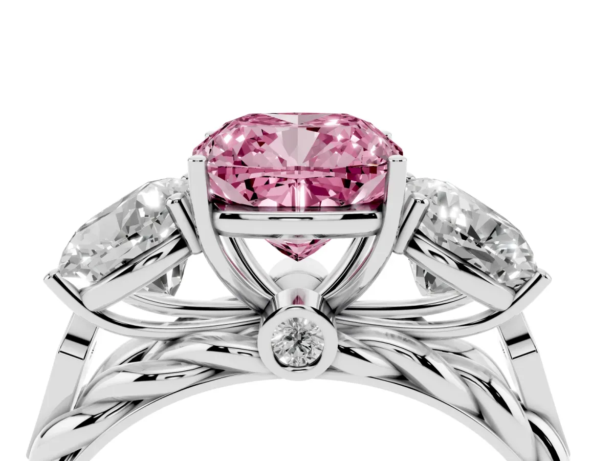 Fancy Pink Three-Stone Cushion Cut Diamond Braided Band Ring with Four-Prong Setting Platinum