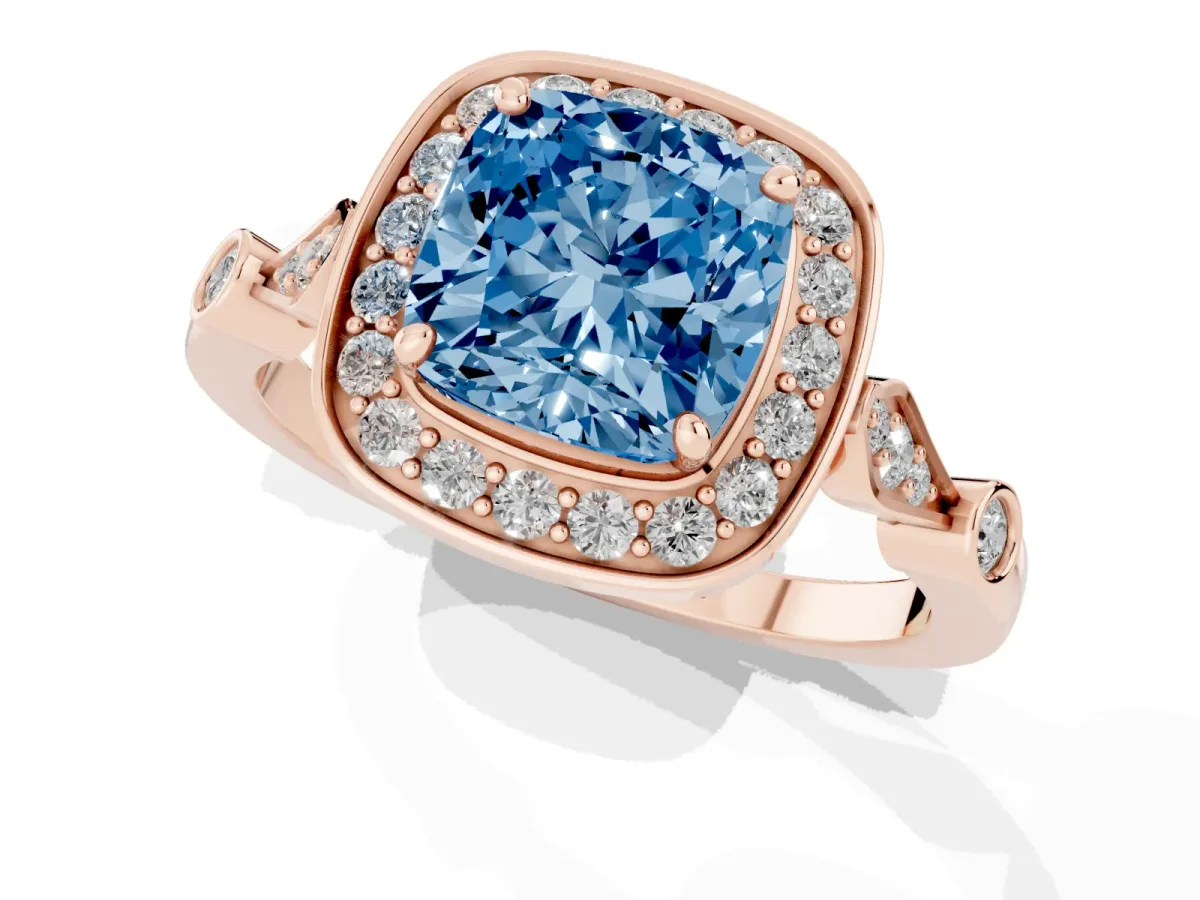 Fancy Blue Cushion Cut Halo Diamond Engagement Ring with Twisted Band and Four-Prong Setting Rose gold