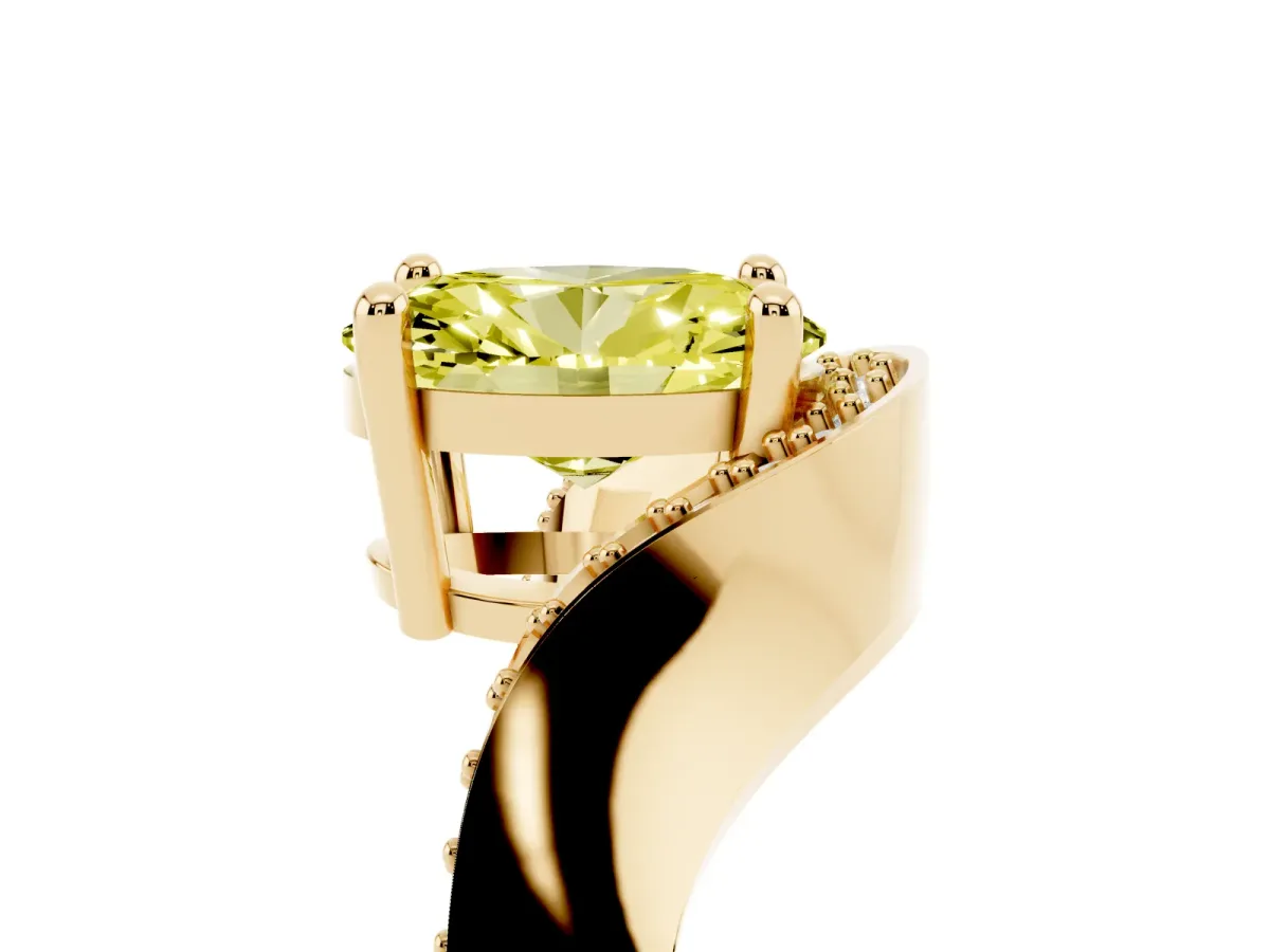 Fancy Yellow Oval Cut Solitaire Diamond Engagement Ring with Pave Band and Four-Prong Setting Yellow gold