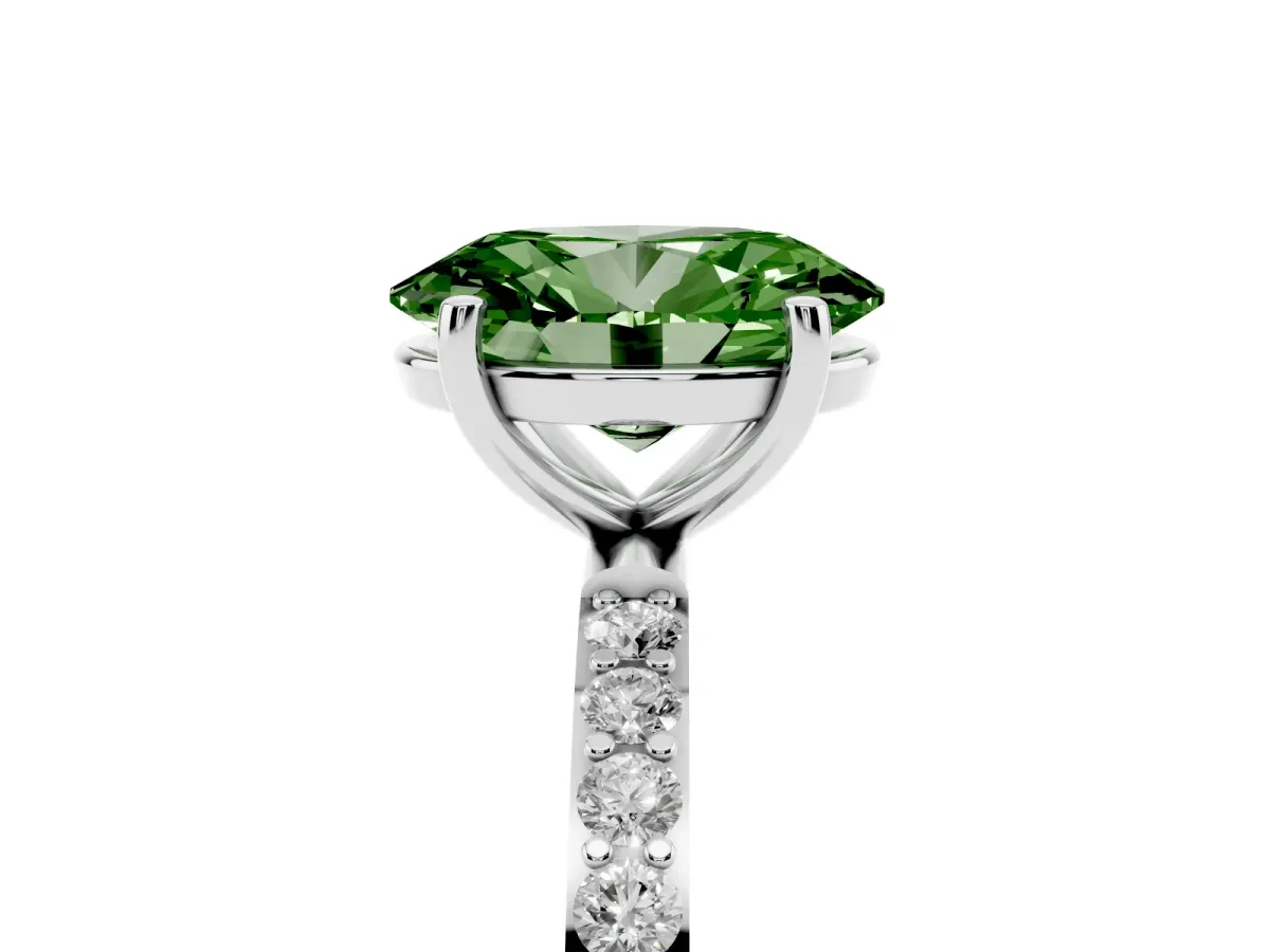 Fancy Green Oval Cut Diamond Solitaire Ring with Round Pavé Shoulders and Prong Setting Silver