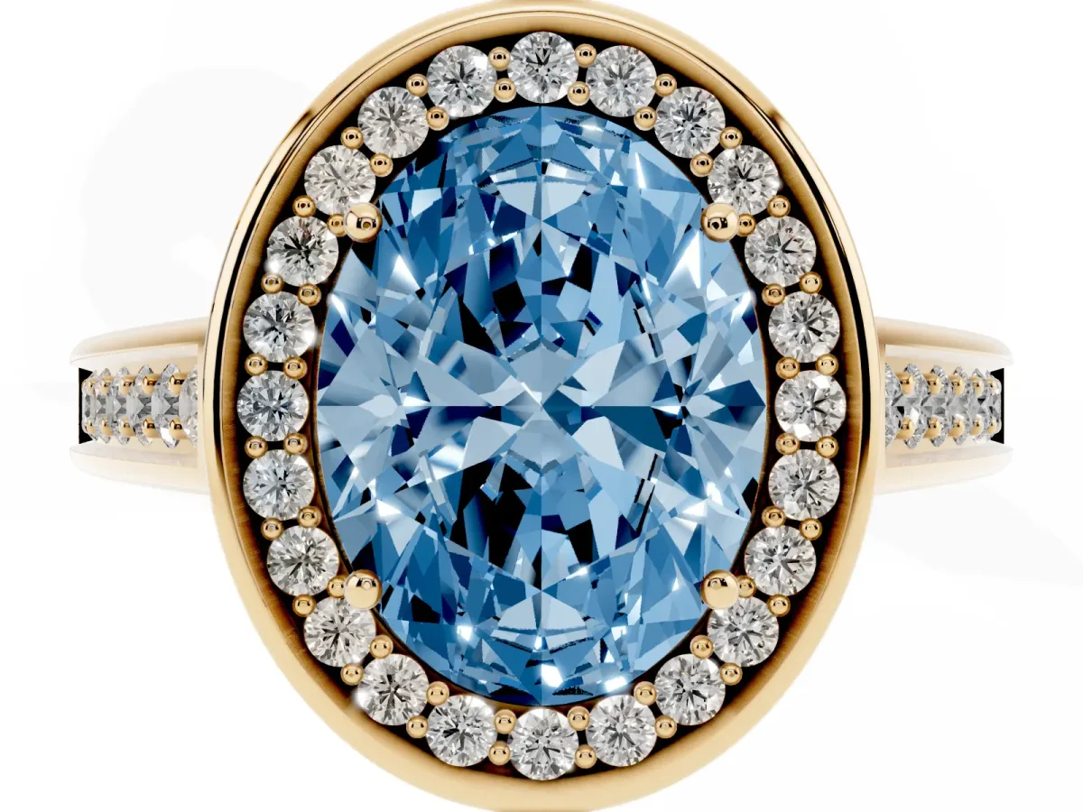 Fancy Blue Oval Cut Halo Solitaire Diamond Ring with Pave Band and Bezel Setting Yellow gold