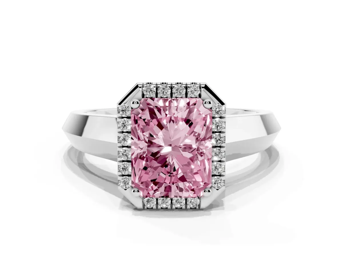 Fancy Pink Radiant Cut Halo Diamond Ring with Cathedral Band and Four-Prong Setting White gold