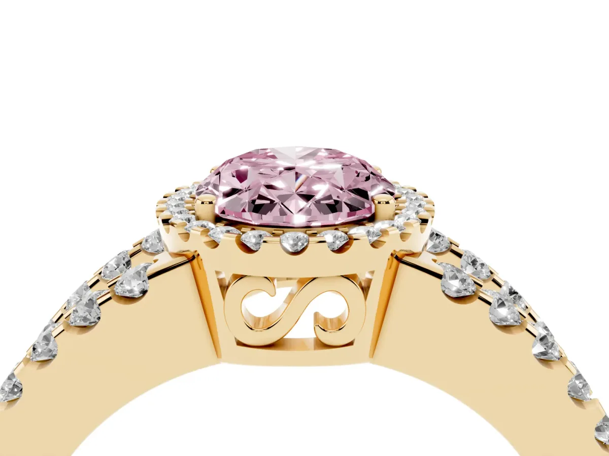 Fancy Pink Oval Cut Cut Halo Split Shank Diamond Ring with Four-Prong Setting Yellow gold