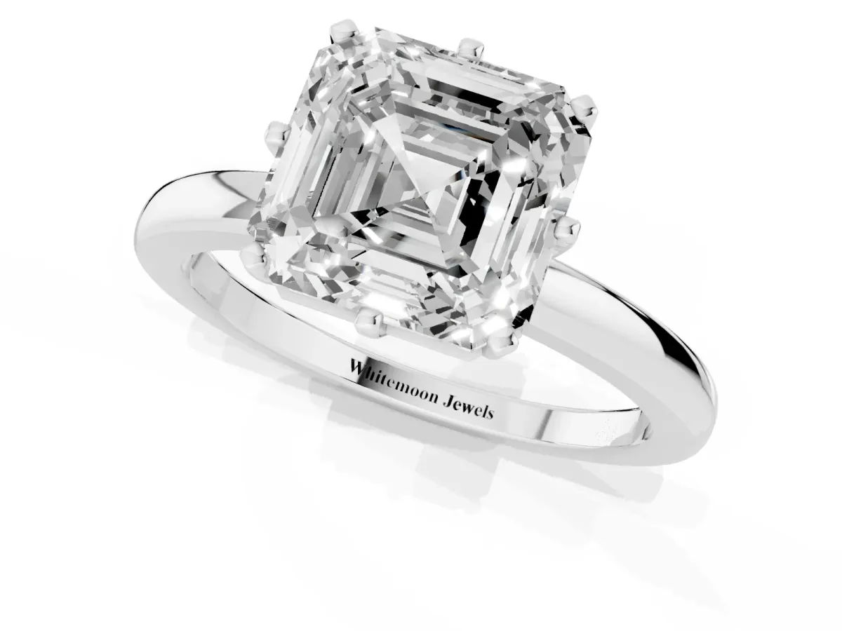 Asscher Cut Solitaire Diamond Ring with Six-Prong Setting on a Classic Band Silver