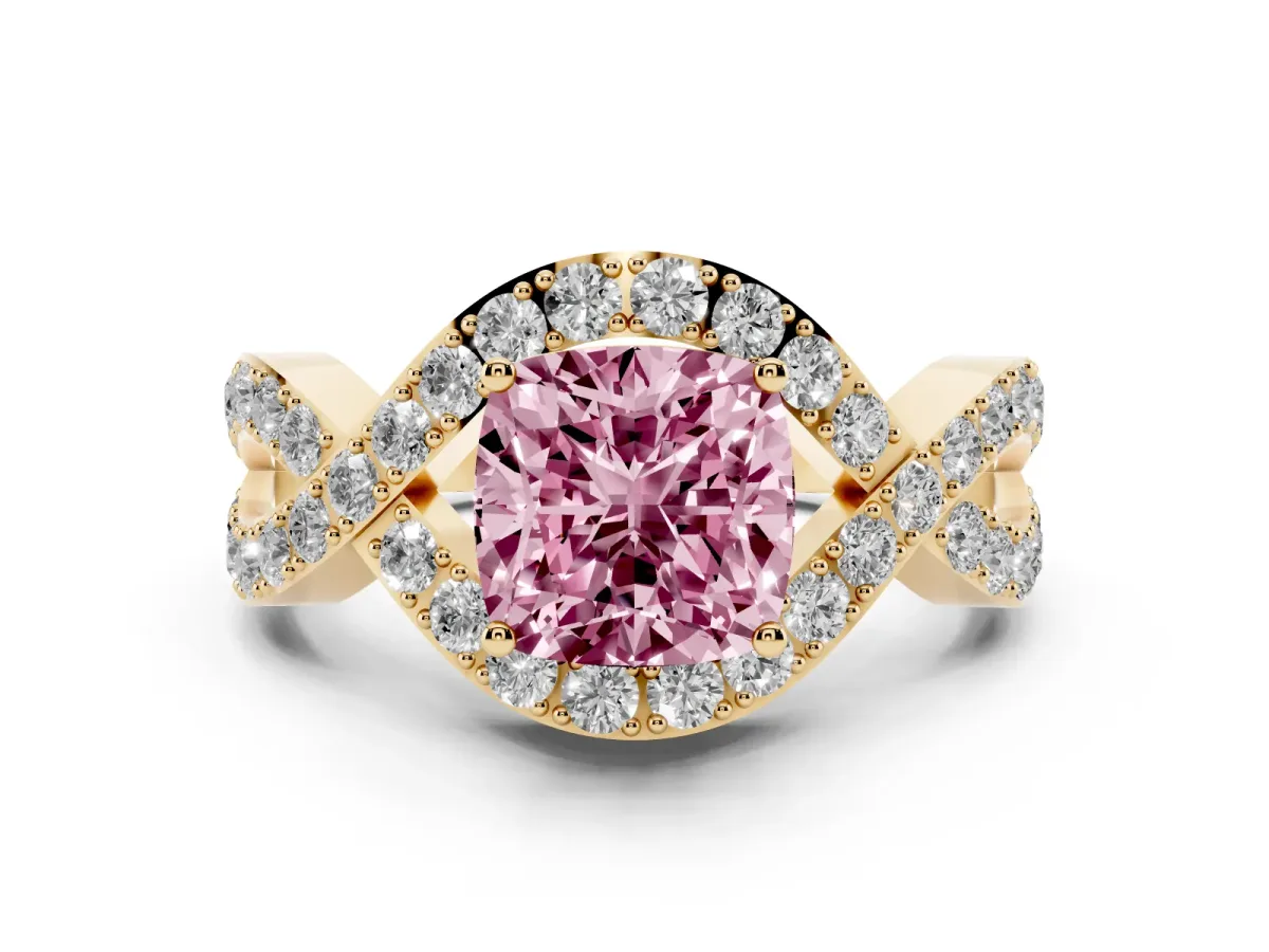 Fancy Pink Cushion Cut Solitaire Twist Band Pavé Diamond Engagement Ring Yellow gold