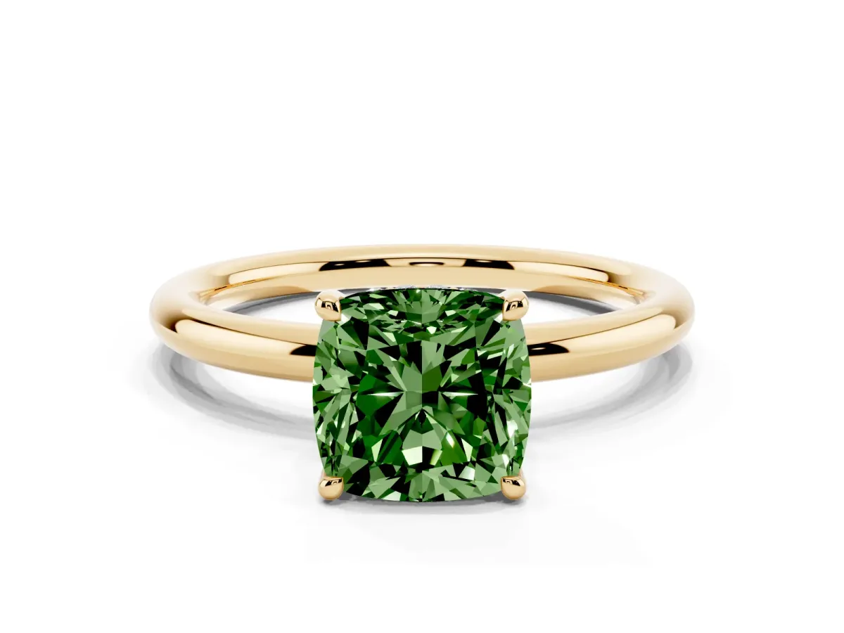 Fancy Green Cushion Cut Diamond Solitaire Ring with Thin Band and Four-Prong Setting Yellow gold