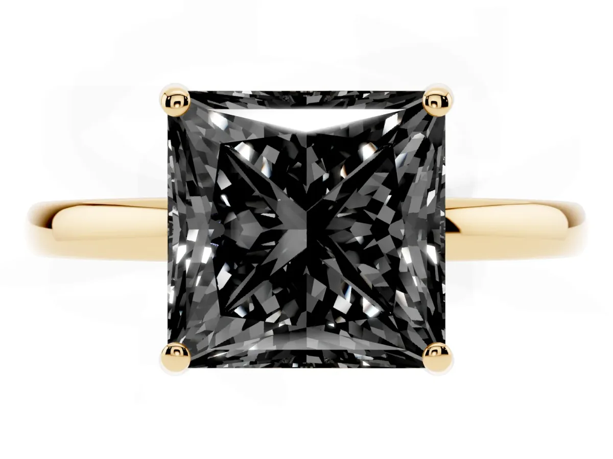 Fancy Black Princess Cut Solitaire Diamond Ring with Prong Setting and Plain Band Yellow gold