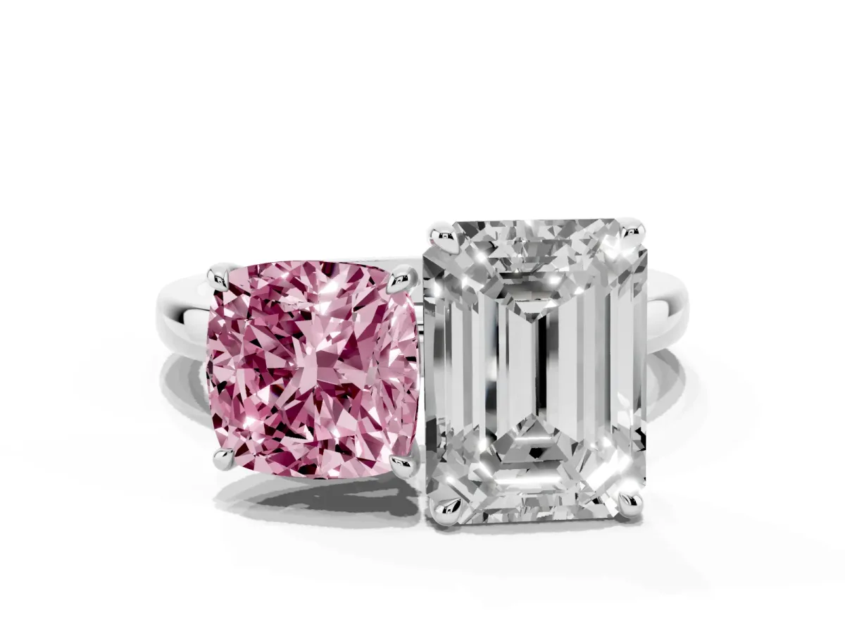 Fancy Pink Cushion Cut and Emerald Cut Toi Moi Ring with Prong Setting Silver