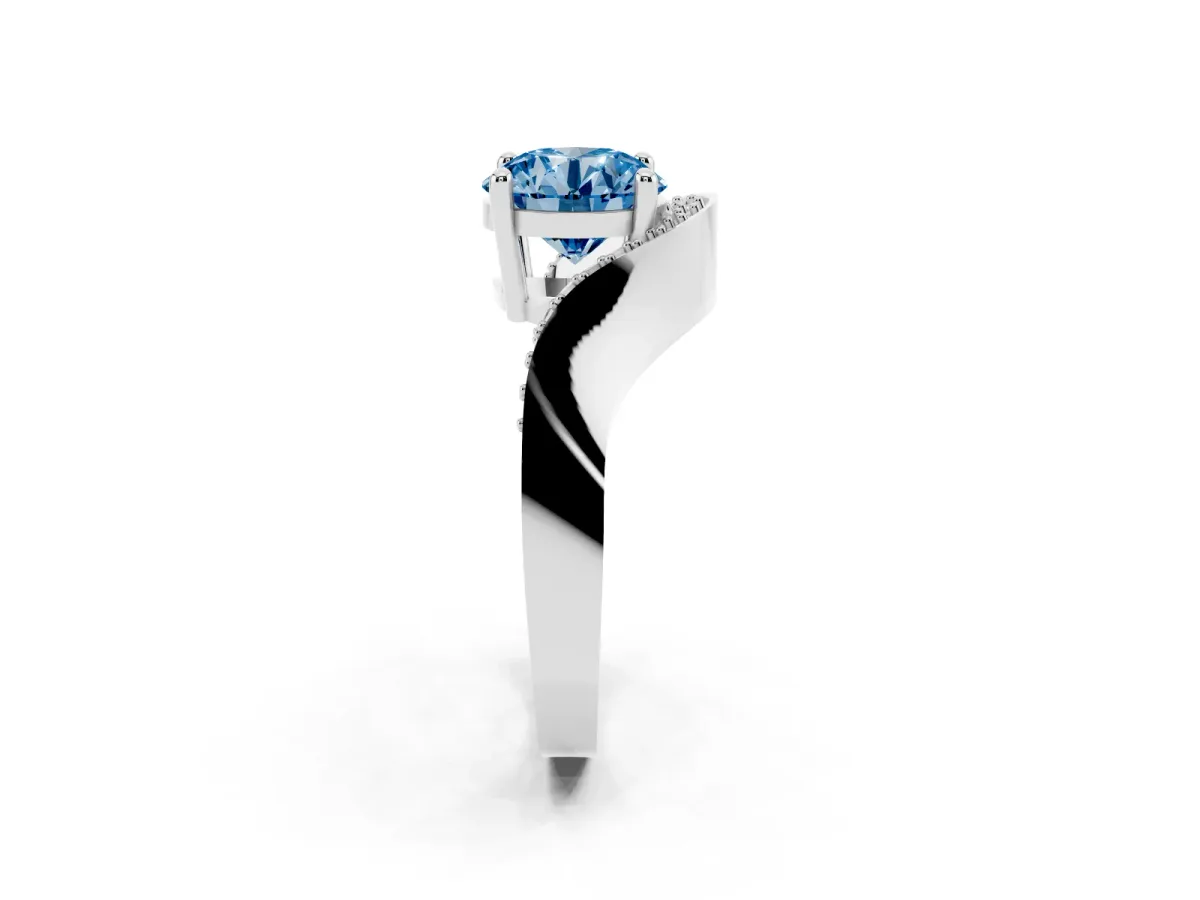 Fancy Blue Round Cut Solitaire Diamond Engagement Ring with Pave Band and Four-Prong Setting Platinum