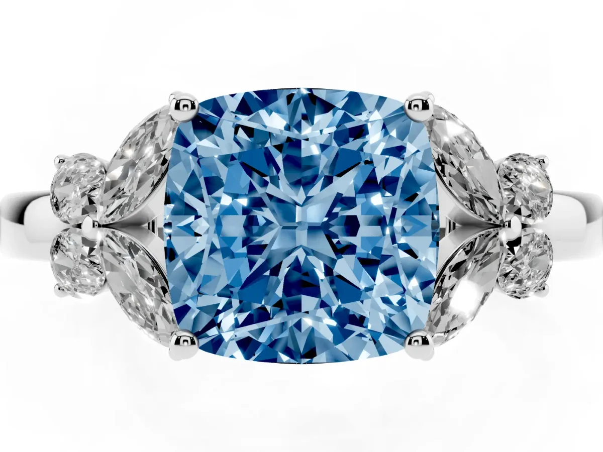 Fancy Blue Cushion Cut Cut Solitaire Floral Diamond Ring with Four-Prong Setting Silver