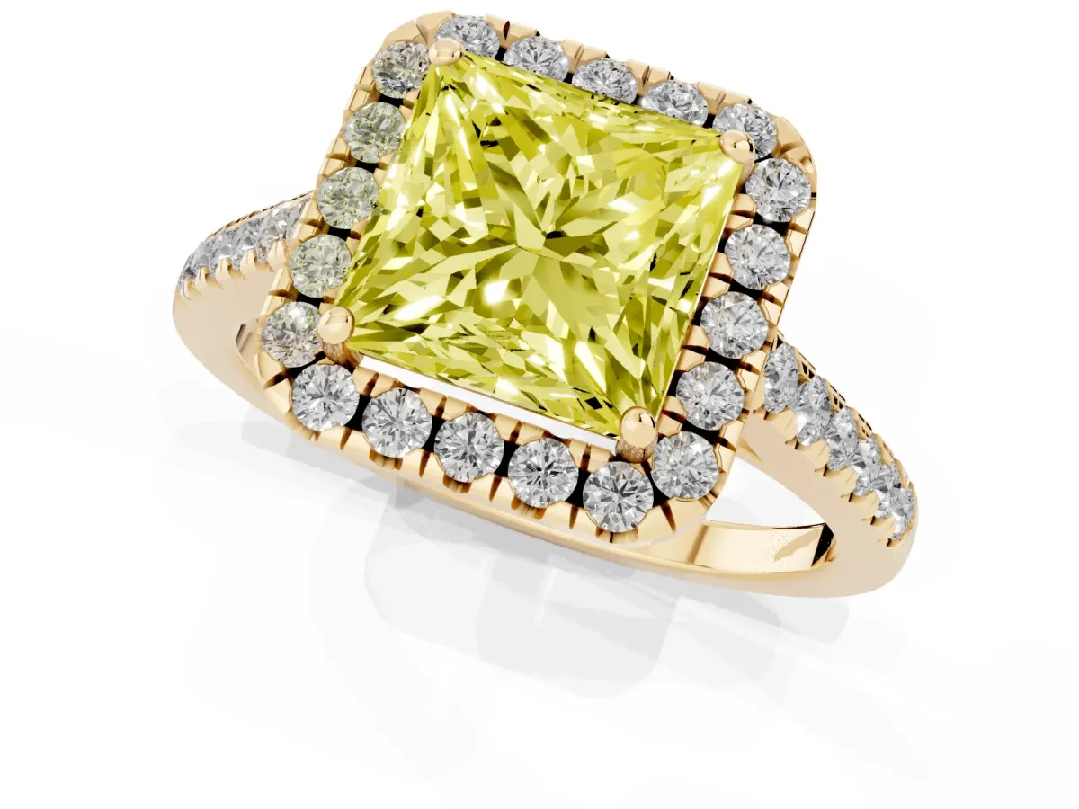 Fancy Yellow Princess Cut Halo Pave Diamond Engagement Ring with Four-Prong Setting Yellow gold