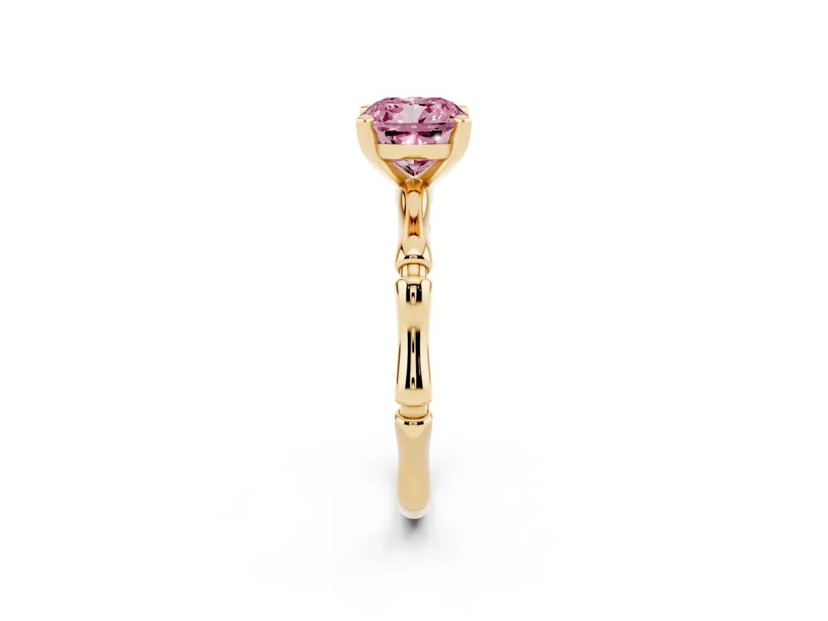 Fancy Pink Cushion Cut Solitaire Diamond Ring with Bamboo Band and Four-Prong Setting Yellow gold