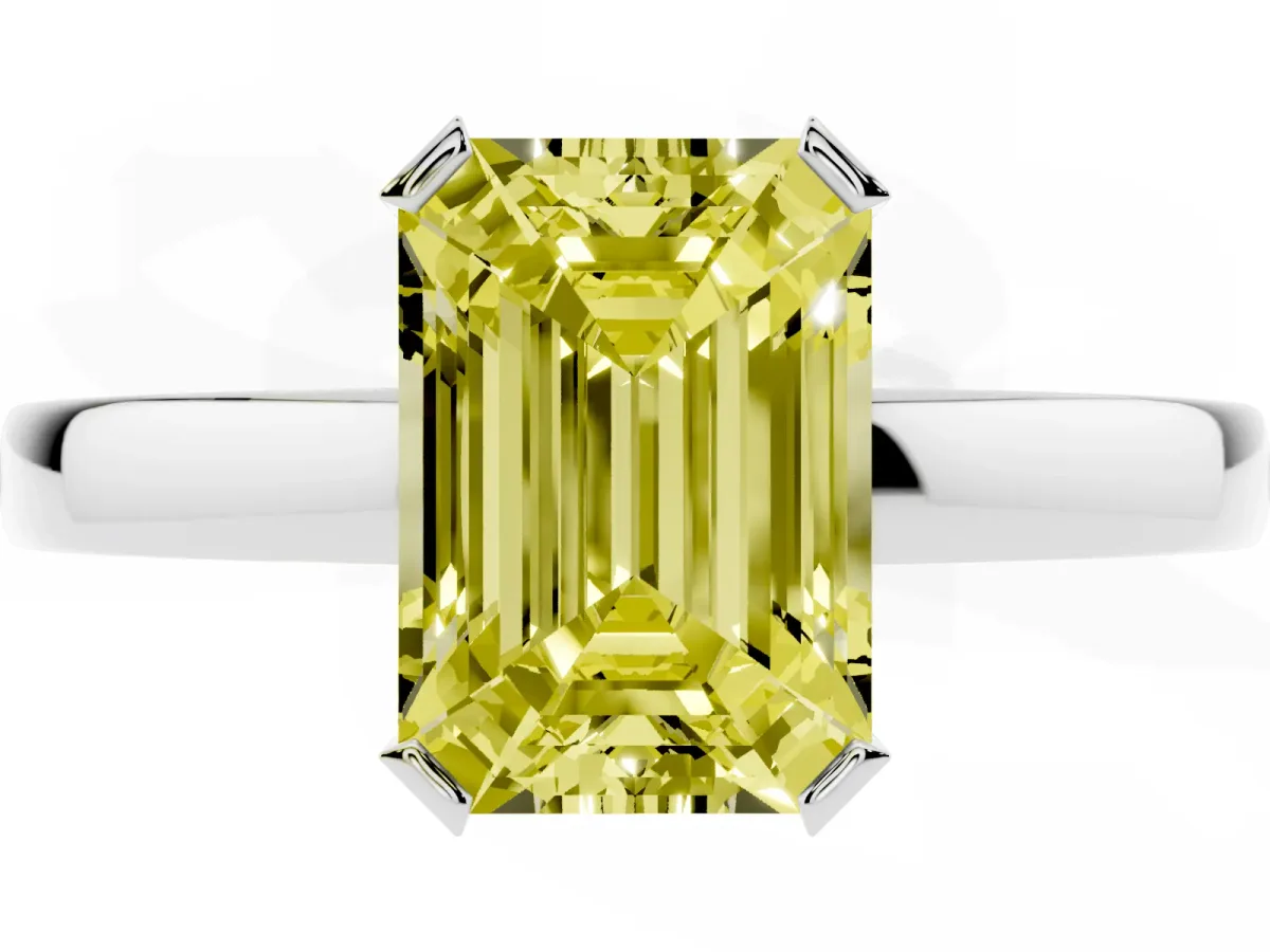 Fancy Yellow Emerald Cut Cut Solitaire Ring with Four-Prong Setting and Classic Band Silver