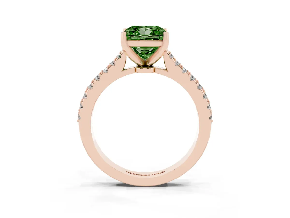 Fancy Green Princess Cut Cut Solitaire Diamond Engagement Ring with Pave Band and Four-Prong Setting Rose gold