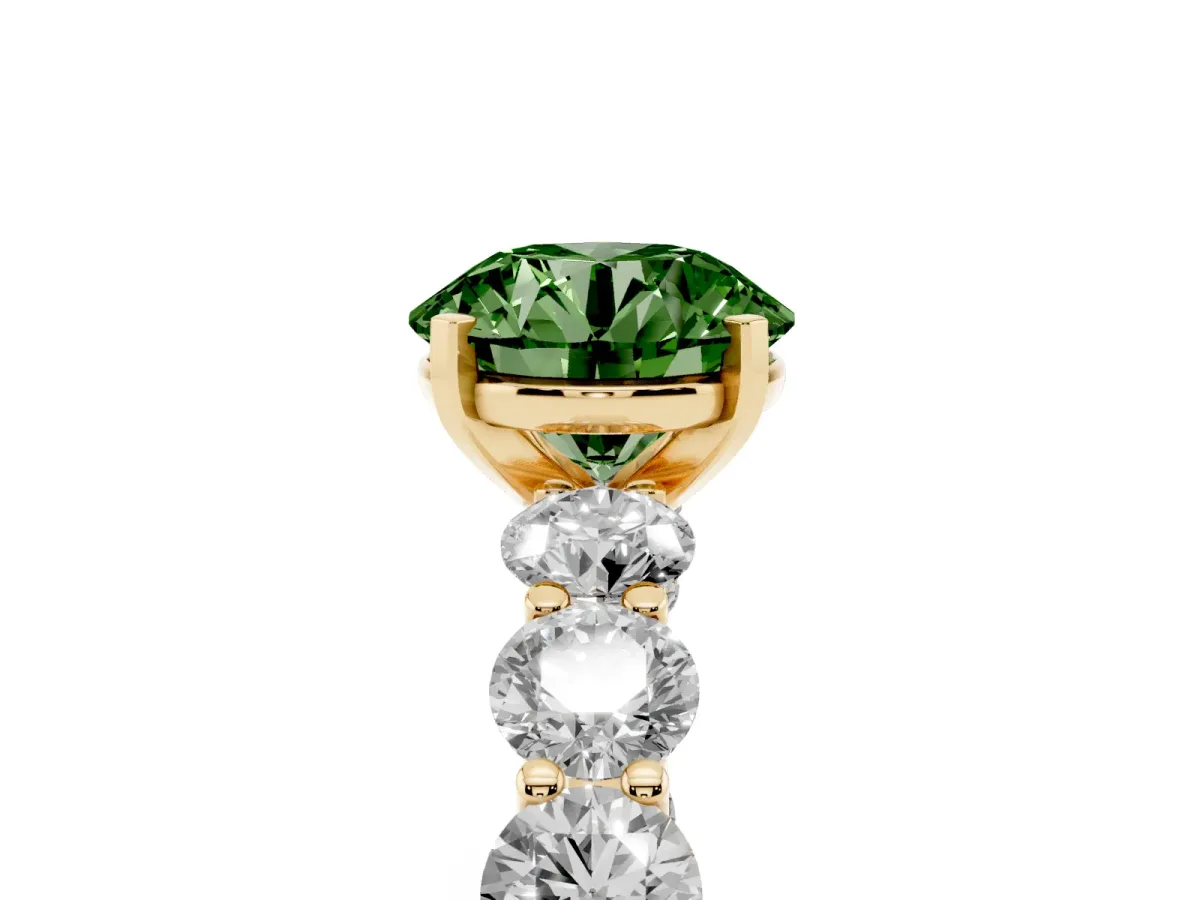 Fancy Green Round Cut Diamond Prong Setting with Side Stones on a Pave Band Yellow gold