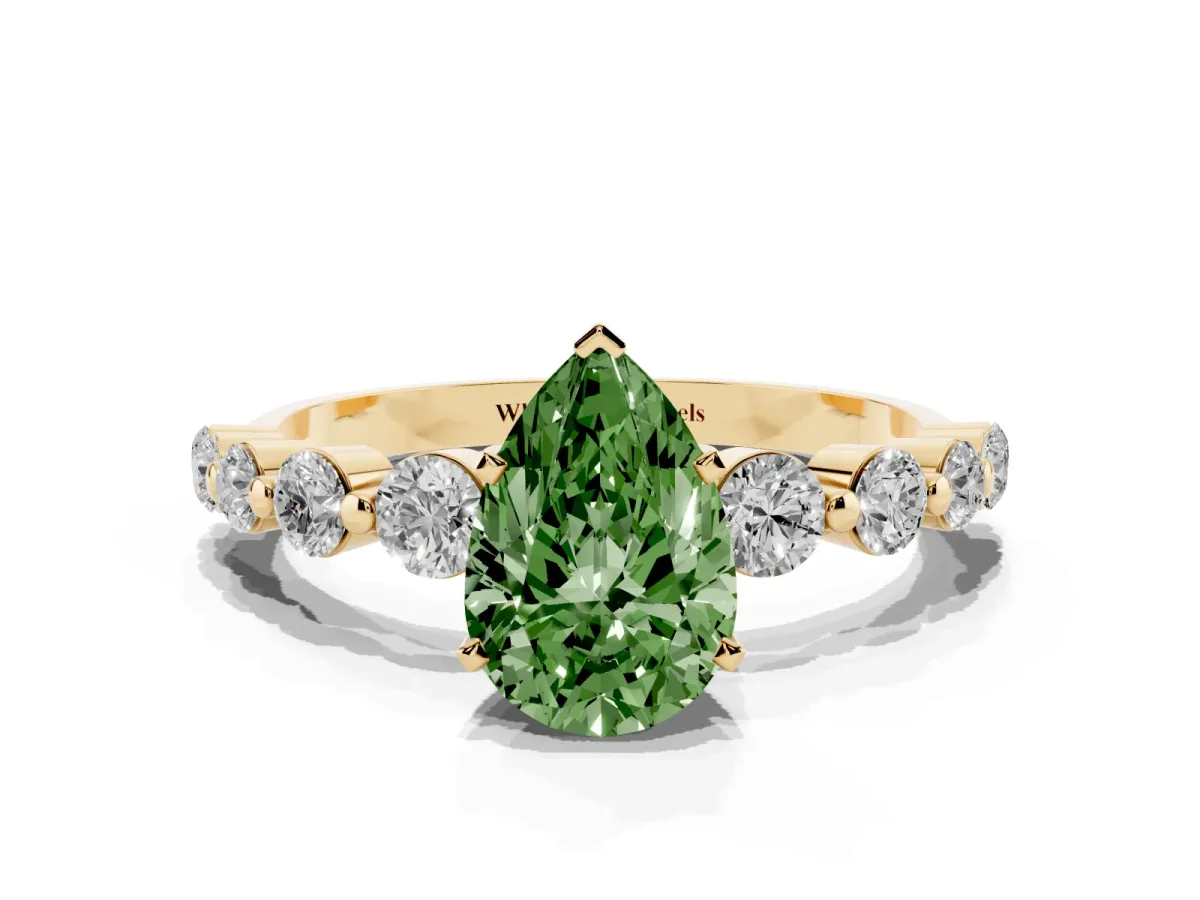 Fancy Green Pear Cut Solitaire Diamond Ring with Pave Band and Four-Prong Setting Yellow gold