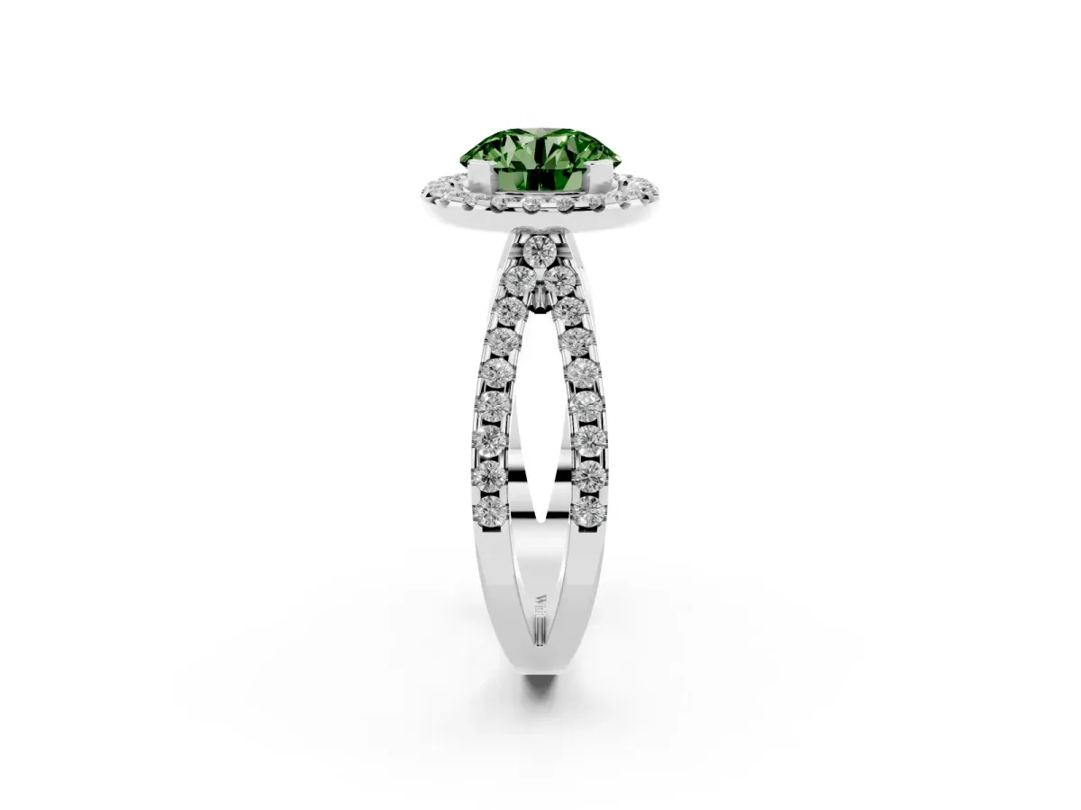 Fancy Green Round Cut Diamond Halo Ring with Split Shank Pavé Band and Prong Setting Silver