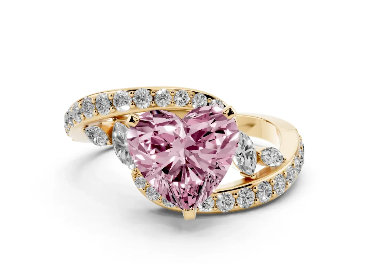 Fancy Pink Heart Cut Solitaire with Pavé Twist Band and Four-Prong Setting Yellow gold