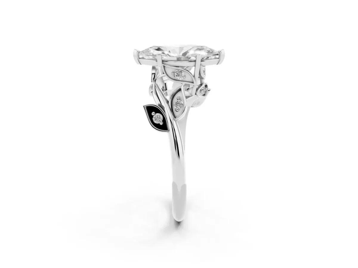 Marquise Cut Solitaire Twist Engagement Ring with Leaf Accents and Prong Setting Platinum