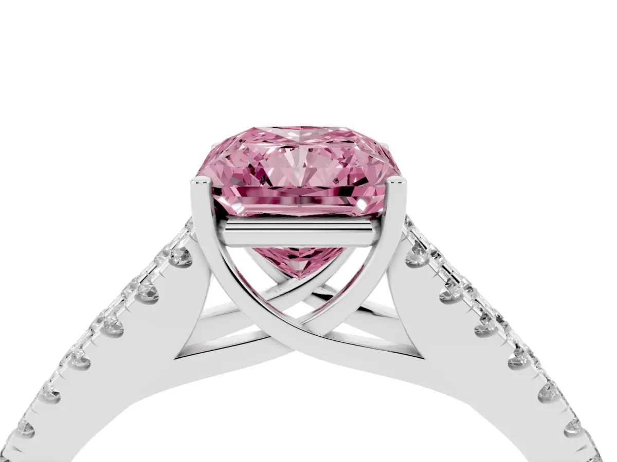 Fancy Pink Radiant Cut Diamond Split Shank Engagement Ring with Round Pavé and Prong Setting Silver