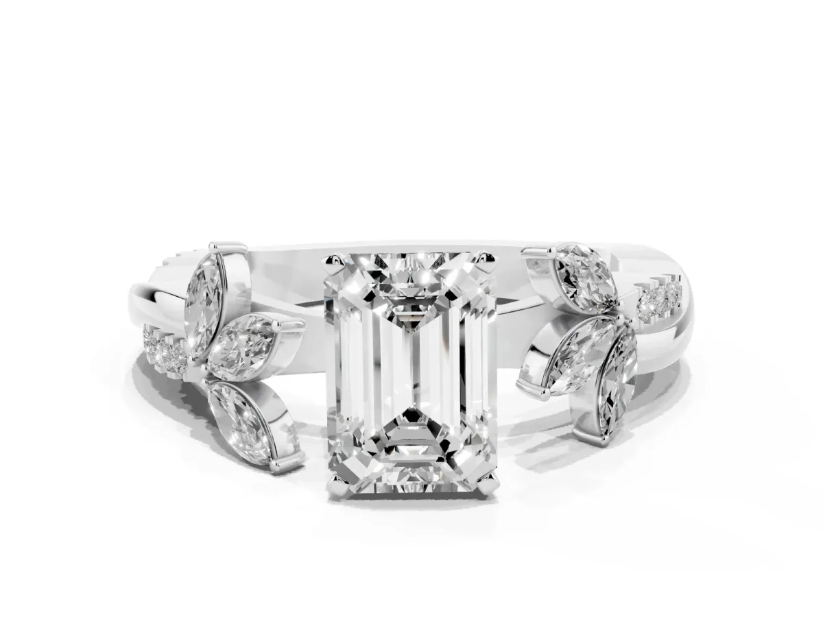 Emerald Cut Diamond Floral Vine Solitaire Engagement Ring Silver