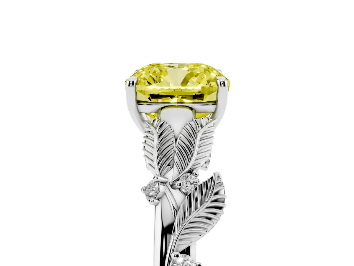 Fancy Yellow Cushion Cut Diamond Solitaire Ring with Leaf Motif Band and Four-Prong Setting Platinum