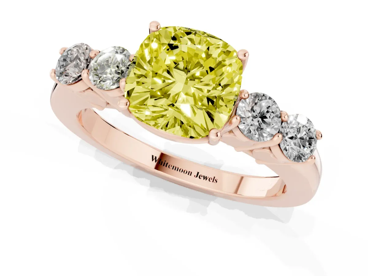 Fancy Yellow Cushion Cut Cut Diamond Five-Stone Prong Set White Gold Ring Rose gold